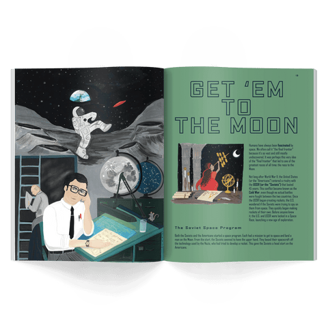get em to the moon story from honest history magazine issue 5 about outer space, astronauts, the race to the moon and laika written for kids ages 6–12