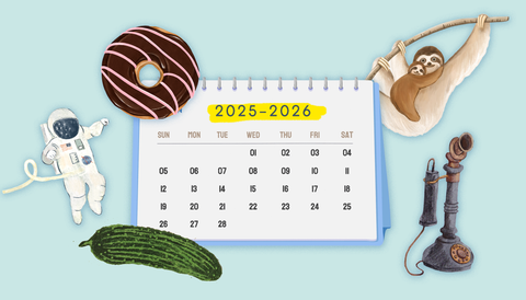 Calendar for 2025-2026 with illustrations of a donut, astronaut, pickle, telephone, and sloth on a light blue background