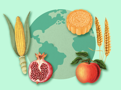 Image of globe with a picture of corn, wheat, mooncake, pomegranate, and apple