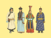 Illustration of four people wearing traditional Mongolian dress