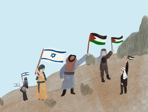 Illustration of people waving Israeli and Palestinian flags