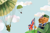 Illustration of soldiers using parachutes and veterans waving a British flag