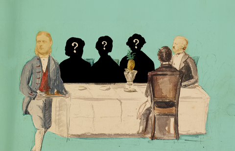 Illustration of a dinner party with the silhouette of three women on a green background