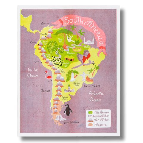 Map of south america risograph print