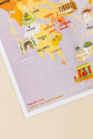 Map of Greece featuring cities like Athens, Sparta, and the Ionian Sea. Risograph print.