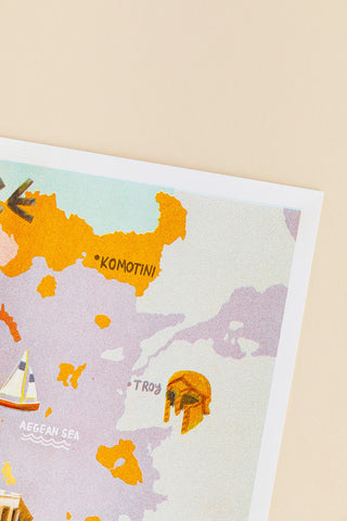 Map of Greece risograph print featuring cities like Komotini and the Aegean Sea