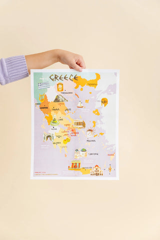 Hand holding a map of Greece risograph print