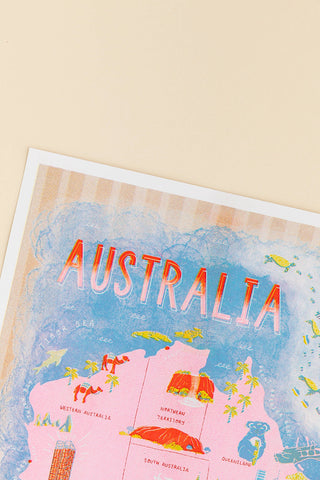 Map of Australia close-up featuring different cities and landmarks in Australia