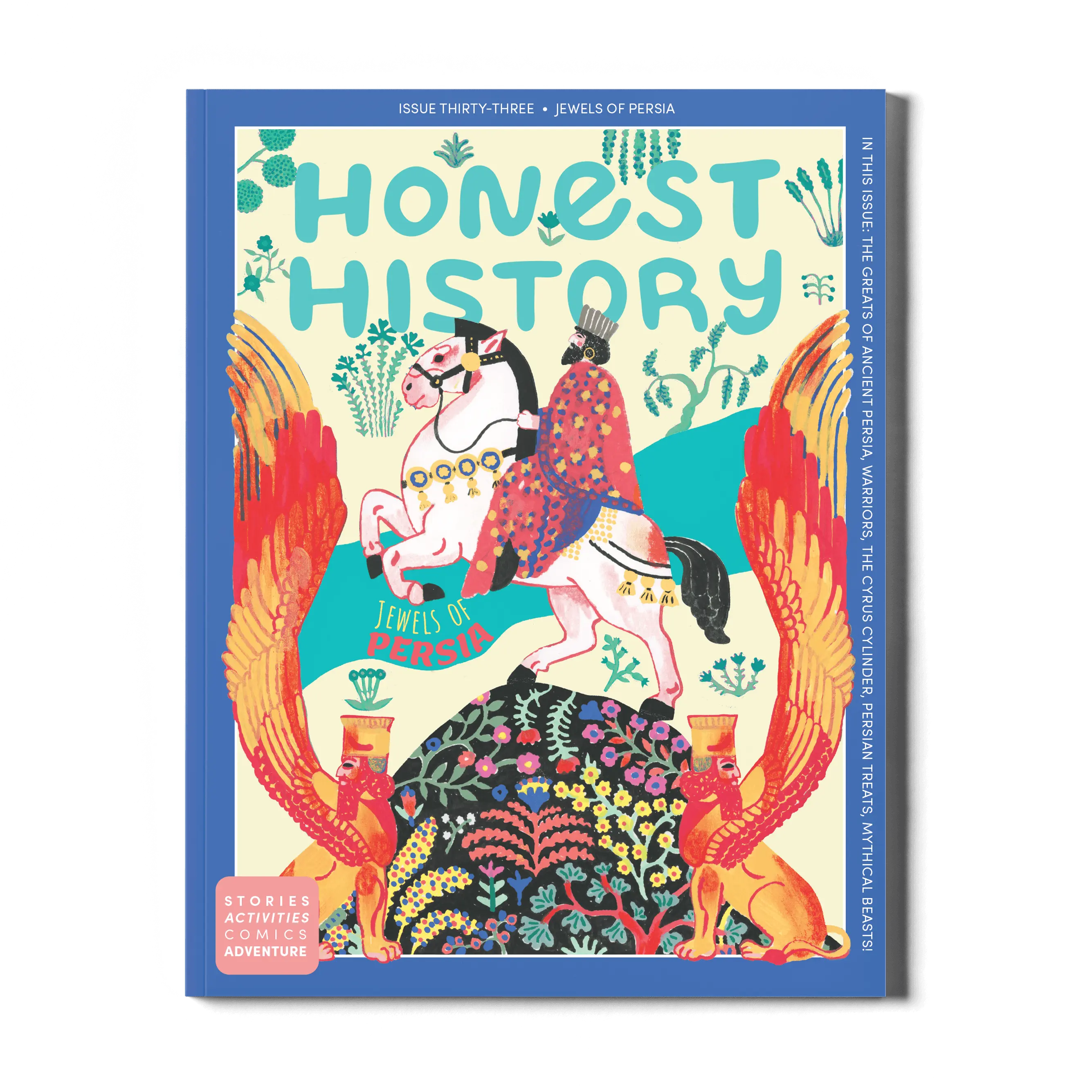 Magazine cover of 'Honest History' issue thirty-three titled 'Jewels of Persia' for kids.