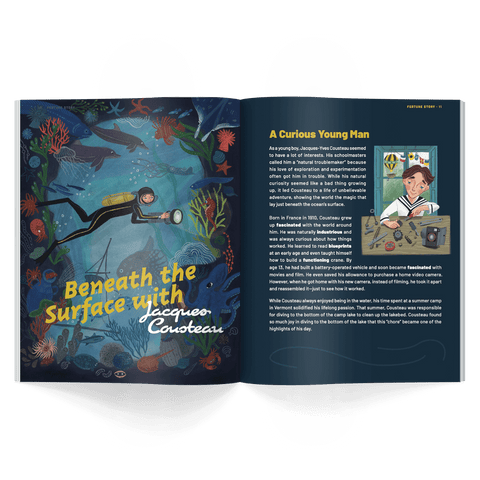 beneath the surface with jacques cousteau story honest history magazine issue seven about the ocean, conservation, jacques coustea and rachel carson written for kids ages 6–12